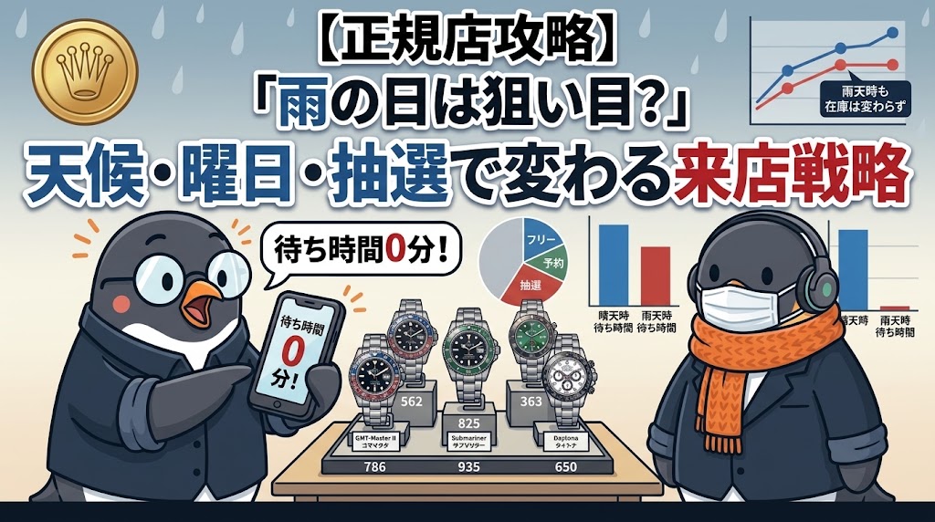 ロレックスマラソンは雨の日が狙い目?3回の実録と入店方式15店の内訳